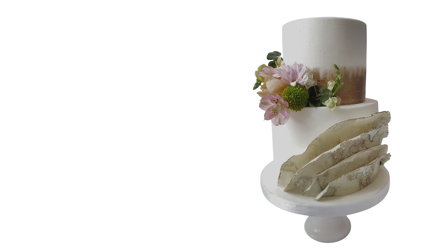 Two-tiered wedding cake with floral decorations on a white background